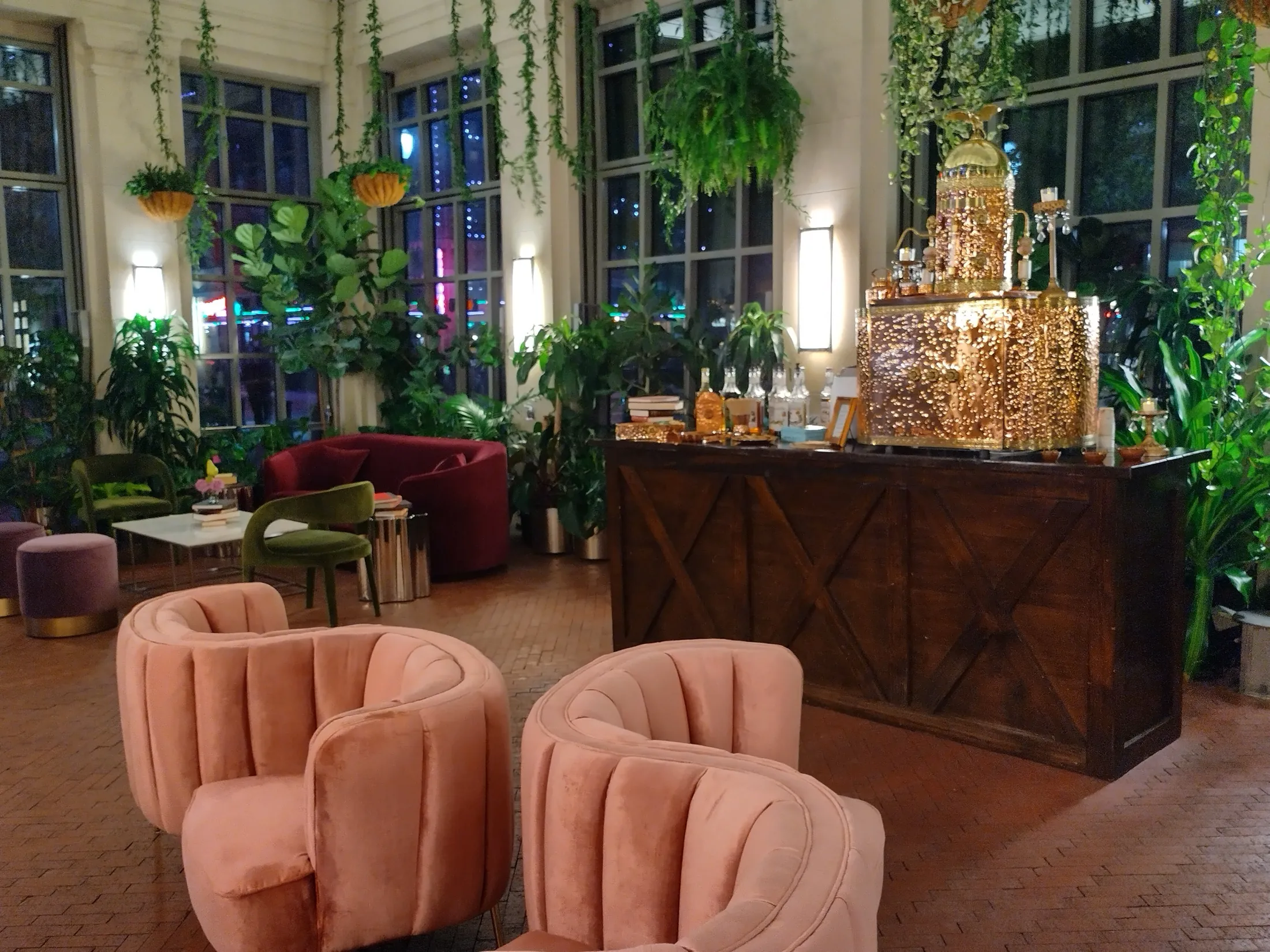 Copper espresso bar in a lush lounge setting